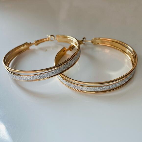 NEW NORDSTROM REVOLVE Gold Sparkle Glitter 50mm Hoop Double Earrings Jewelry - Picture 3 of 7